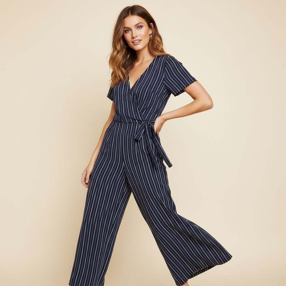 J.O.A. Navy Pinstripe Wide-Leg Wrap Jumpsuit XS Culotte
